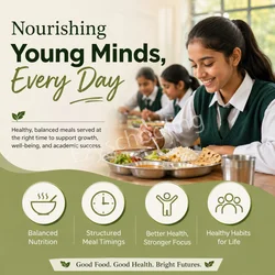 A smiling schoolgirl enjoys a healthy meal in a bright dining hall, highlighting the importance of balanced nutrition and structured meal timings in supporting student health, focus, and academic success.