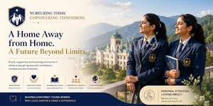 Thumbnail showing a modern boarding school campus with two students in uniform and the text 'A Home Away from Home,' highlighting safe boarding, personal attention, and holistic education.