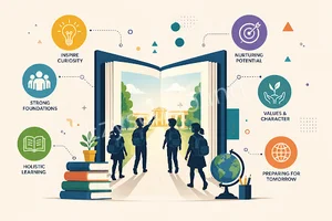 Illustration of students walking through an open book, symbolizing holistic learning, curiosity, life skills, and future-ready education.
