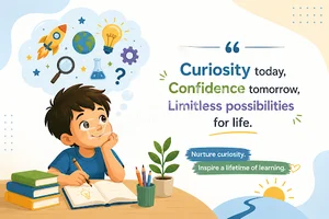 Curious child learning through books, science, and creativity, highlighting confidence, curiosity, and lifelong learning."