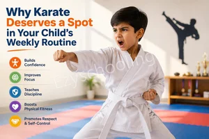 Child practicing karate in a school dojo as part of a weekly fitness routine