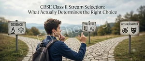 A high school student standing at a crossroads deciding between Science, Commerce, and Arts streams for CBSE Class 11