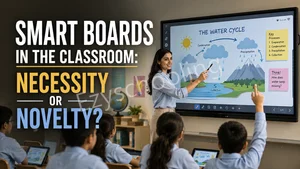 Smart board classroom showing digital learning alongside traditional hands-on education
