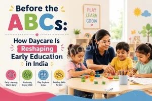 Child participating in a daycare activity as early education evolves in India